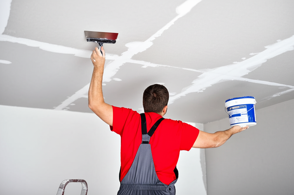 Worker repairing damaged ceiling