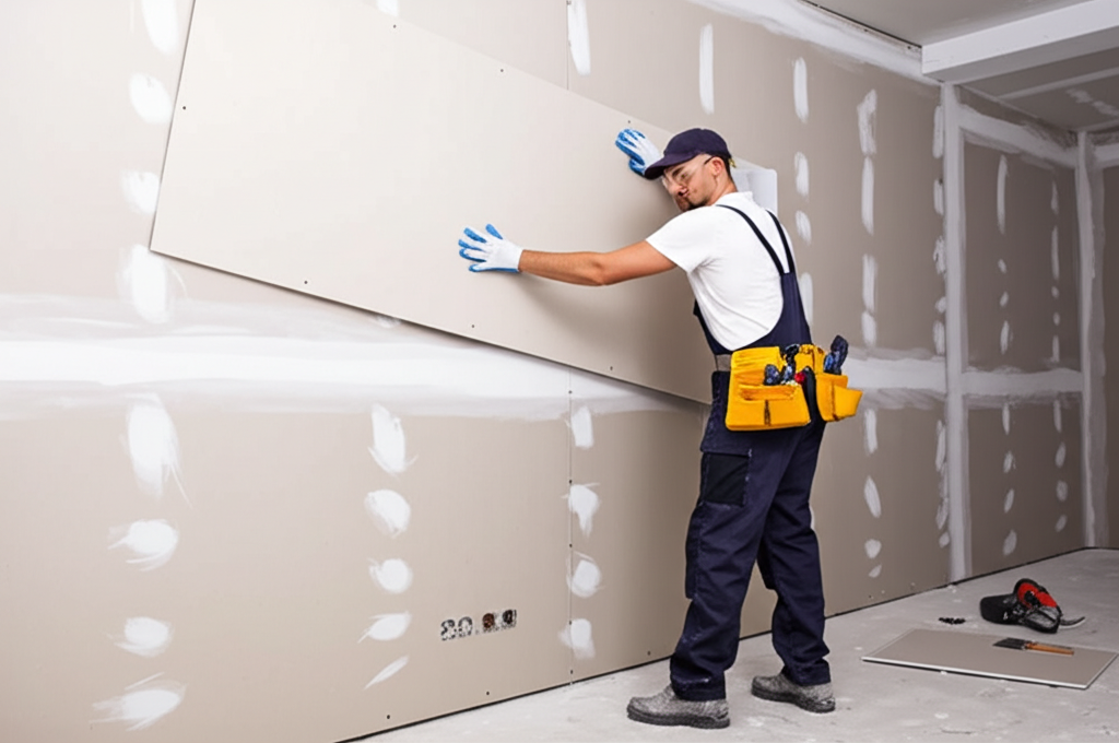 Professional worker installing drywall panels