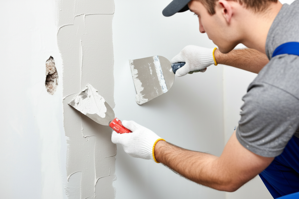 Worker repairing drywall with joint compound