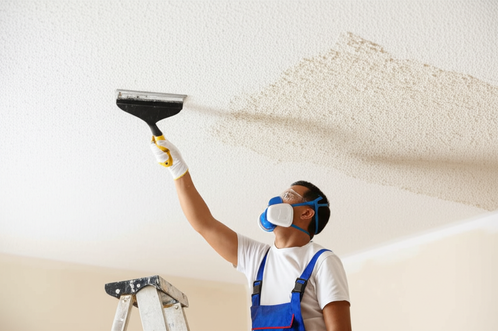 Worker removing popcorn ceiling texture